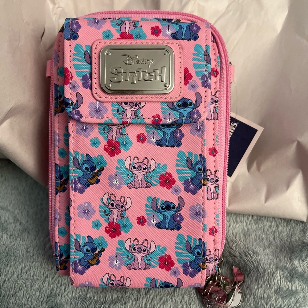 Disney Stitch & Angel Crossbody Bag Phone Wallet Zipper Tropical Pink New